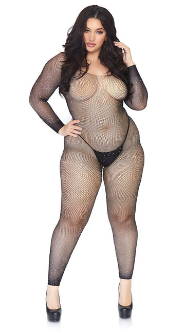 Bodystocking de manga larga sin costuras con rejilla cristalizada